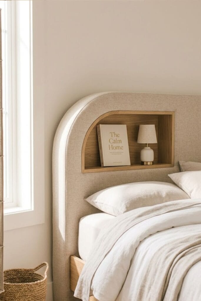 Storage headboard shelf, a small bedroom storage idea