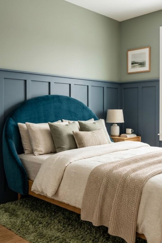  Blue and green bedroom idea with peacock velvet headboard and moss green rug