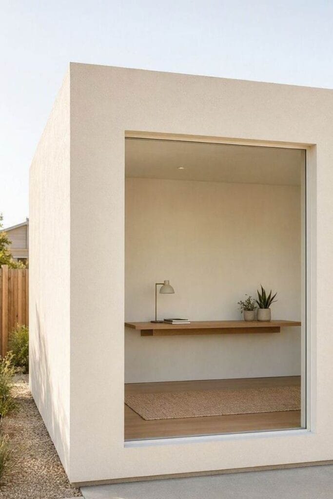 Backyard office ideas with a minimalist white cube studio design