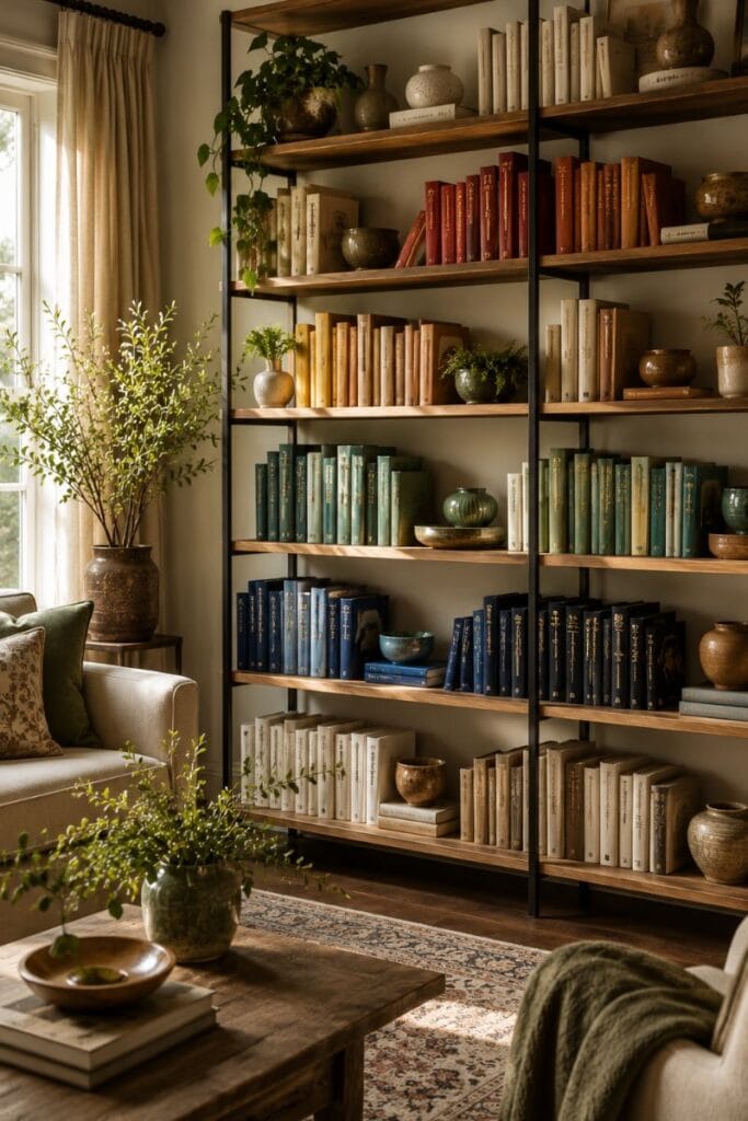  Bookshelf styled with books sorted by color in living room