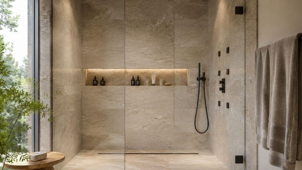 Open walk-in shower with frameless glass and rainfall head demonstrating bathroom remodel ideas for spa-like luxury