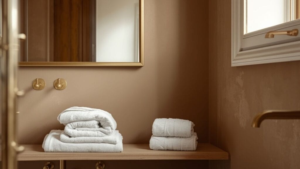 Warm neutral guest bathroom ideas with brass fixtures and folded towels