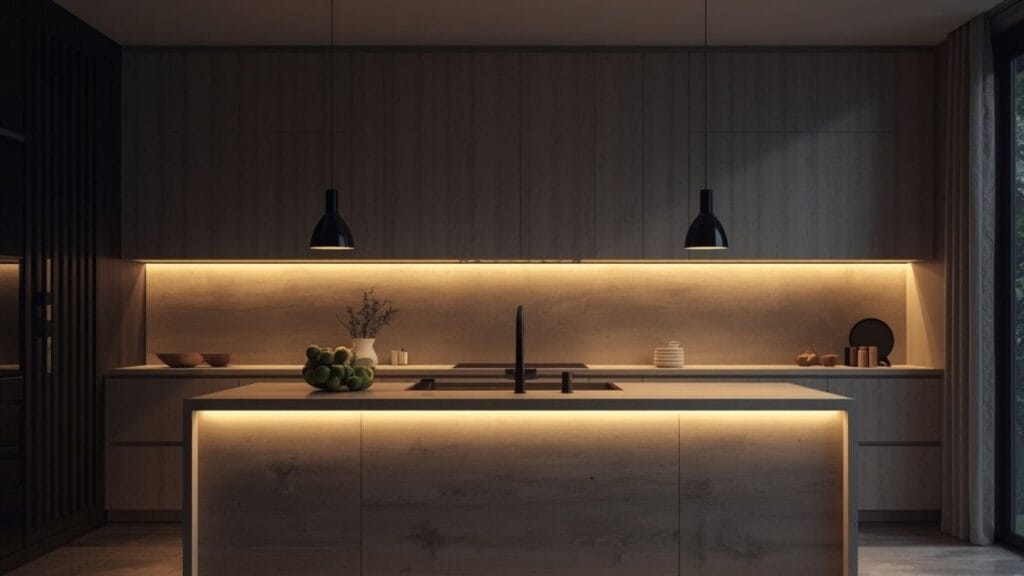 Warm lighting used in minimalist kitchen ideas