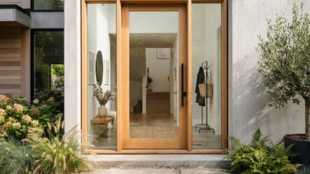 Wooden door design for main entrance combined with glass panels