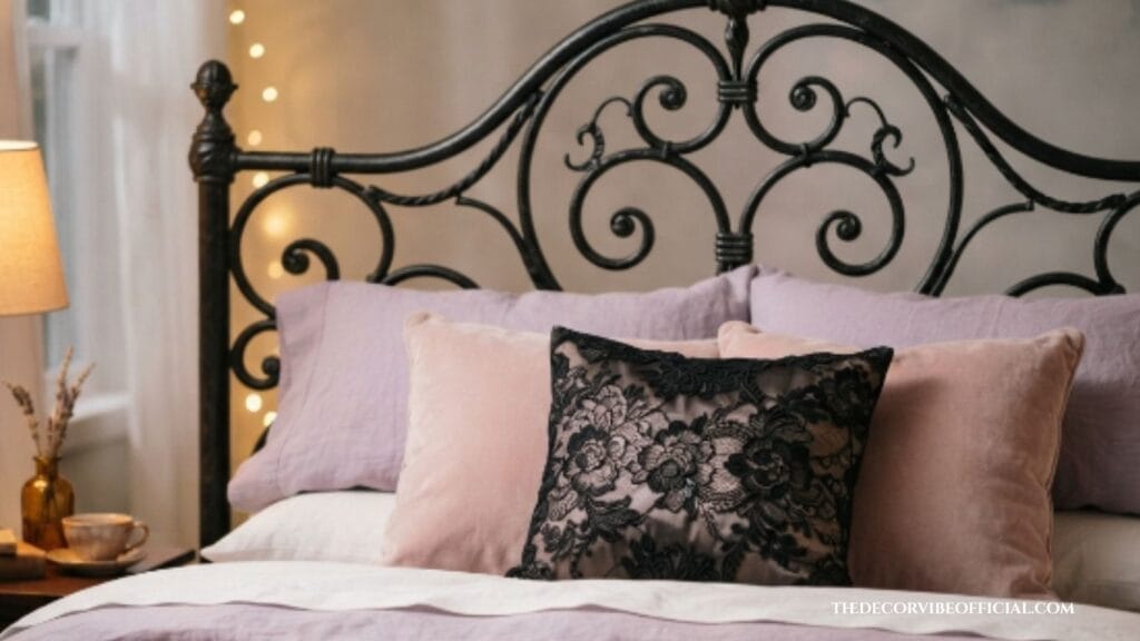 wrought iron bed frame pastel goth bedroom ideas