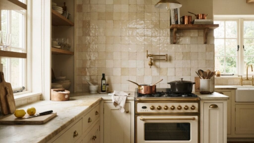 Handmade zellige tile farmhouse kitchen backsplash with brass hardware