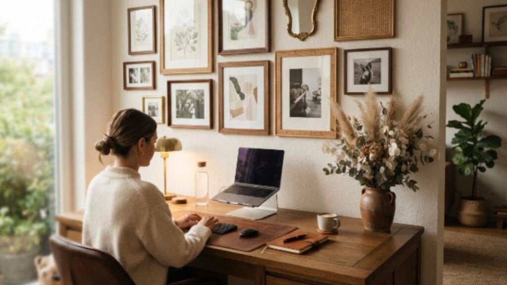 Gallery wall as part of bohemian home office ideas for a personal touch