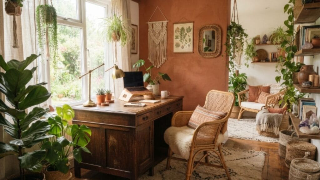 Bohemian home office ideas featuring a vintage wood desk and layered rugs