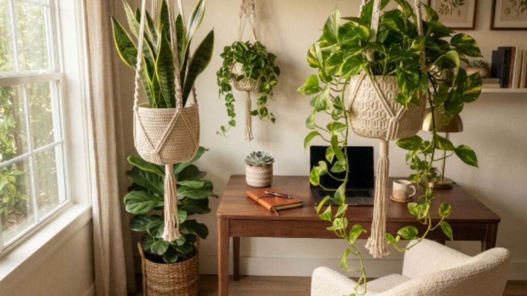Plant styling ideas for a bohemian home office corner