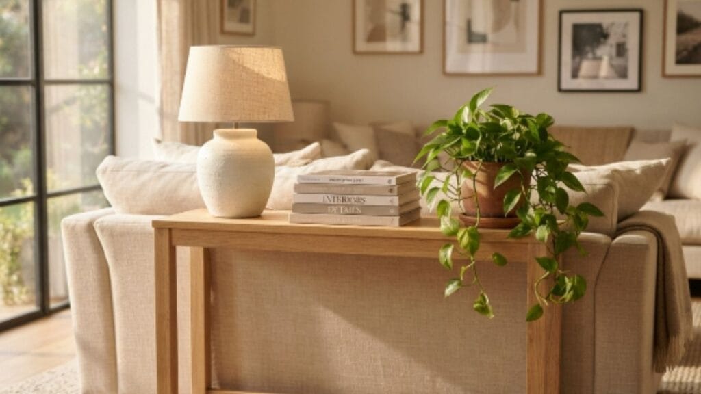 Console table behind sofa decor ideas with a neutral oak table and soft styling