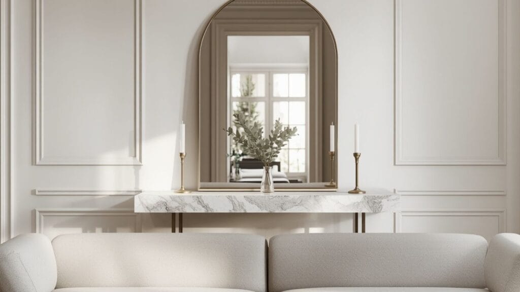 Leaning mirror styling for console table behind sofa decor ideas