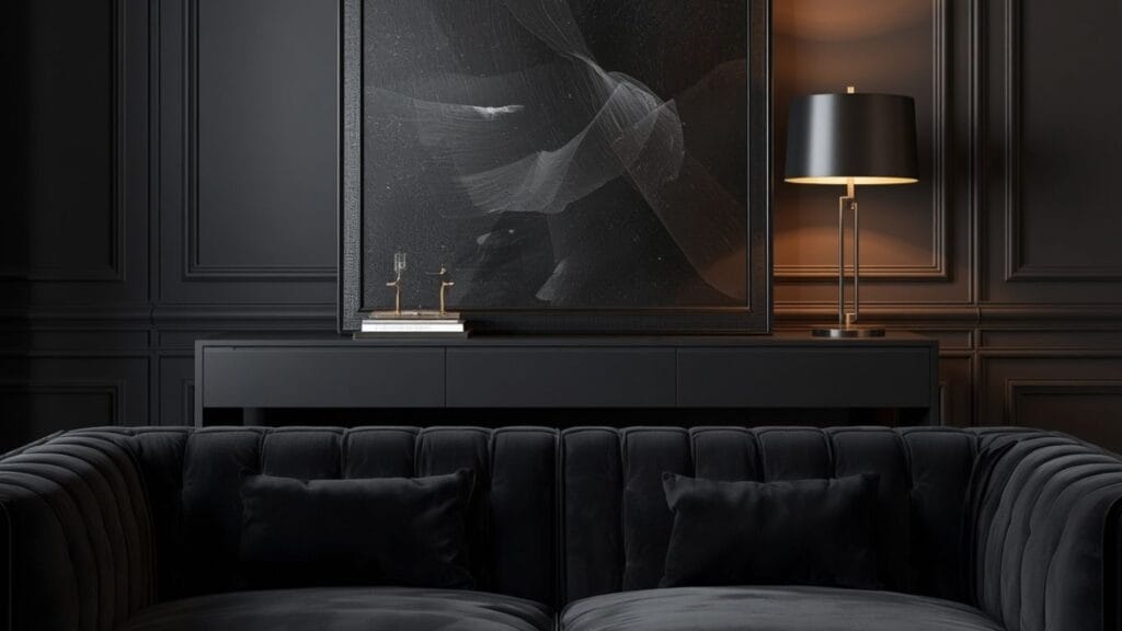Moody dark console table behind sofa decor idea for a dramatic living room