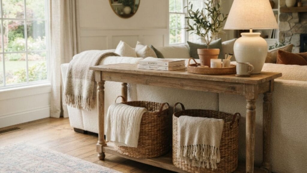 Woven basket storage console table behind sofa decor idea for families