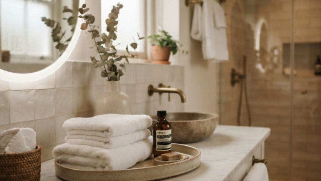 Organized small bathroom that feels calm and put together