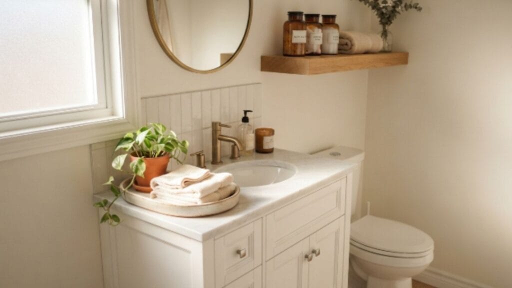 Organized small bathroom that feels calm and put together