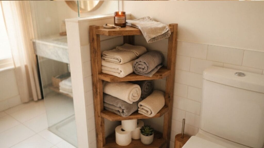 Corner shelf small bathroom organization idea for awkward spaces