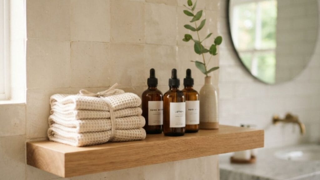 Styled open shelf small bathroom organization with matching bottles