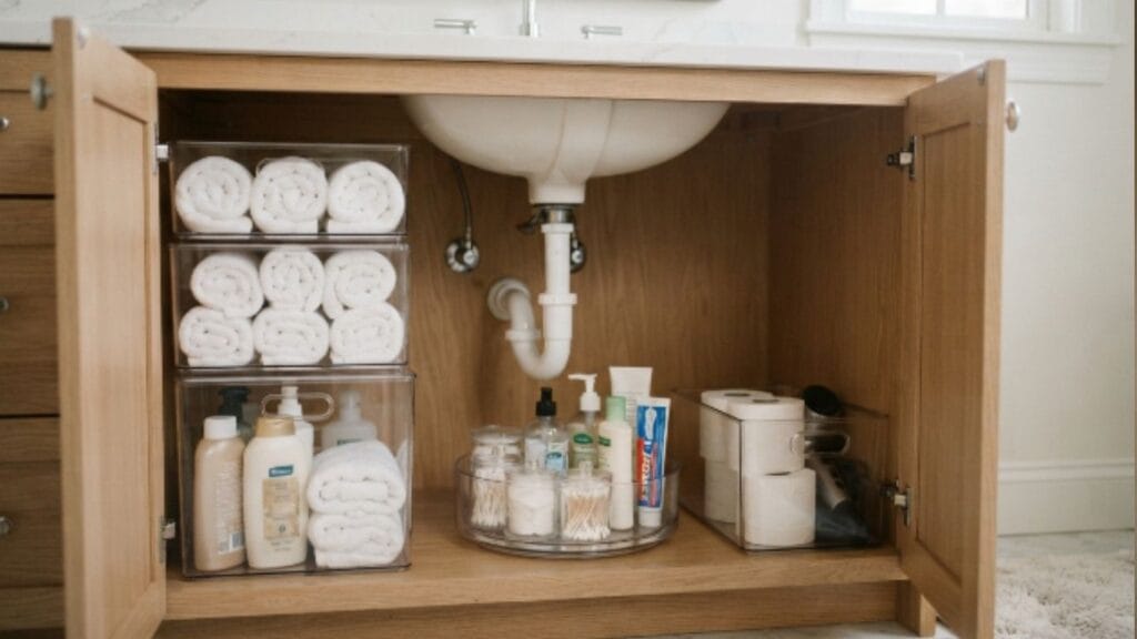 Under sink small bathroom organization with stackable clear bins