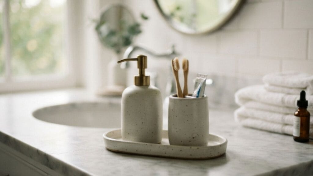 Small bathroom organization vanity tray styling idea