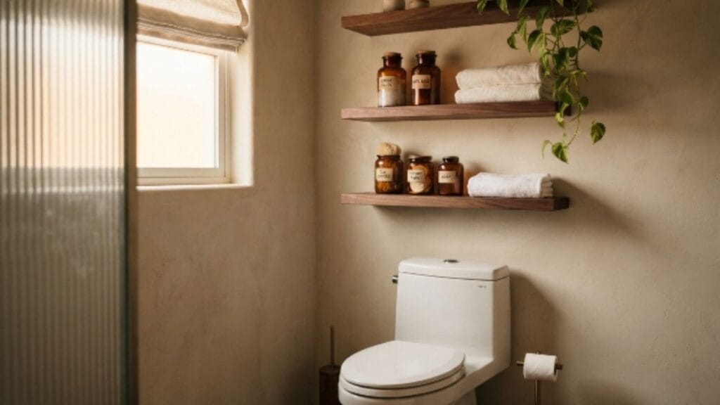 Small bathroom organization idea using floating shelves above the toilet