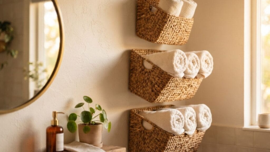 Woven wall baskets used for small bathroom organization