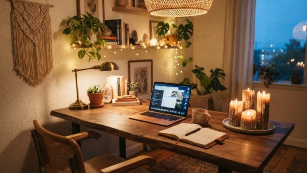Warm lighting layered into a bohemian home office workspace