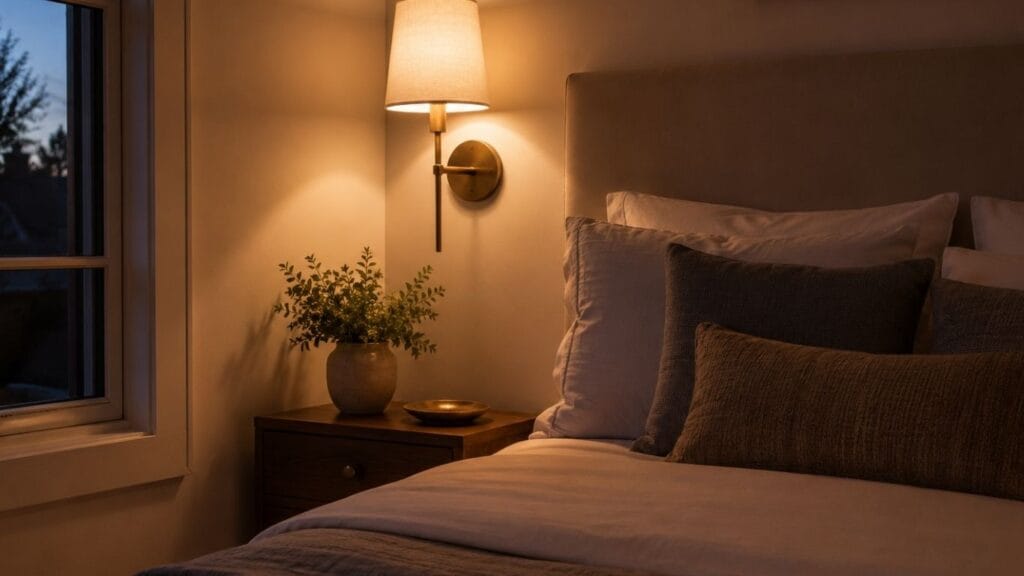 Layered bedside lighting idea for a small guest bedroom