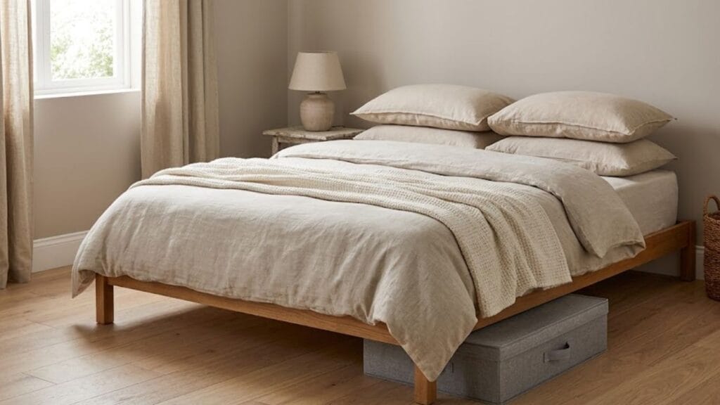 Under-bed storage bins for a small guest bedroom
