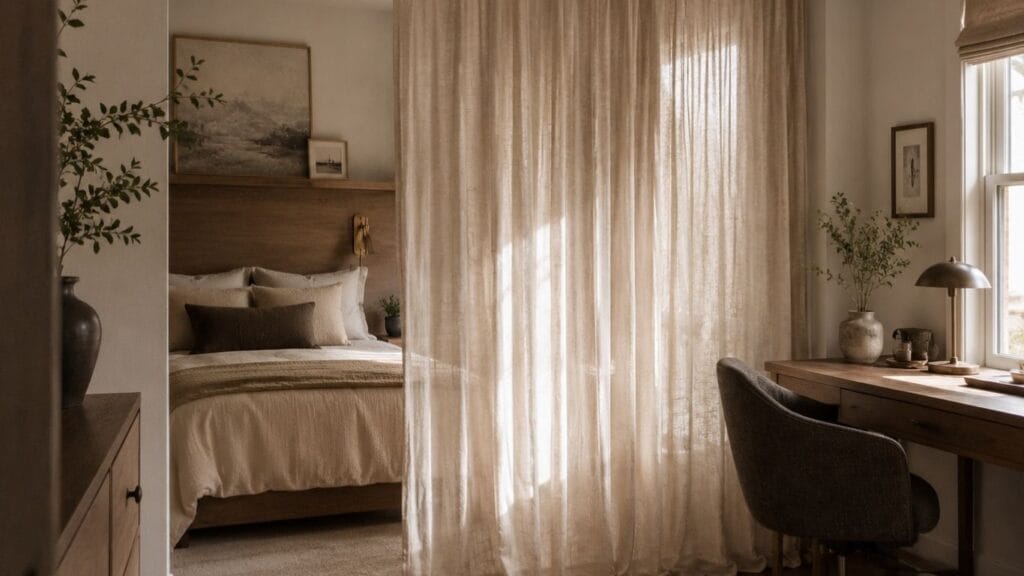 Curtain room divider idea for a shared small guest bedroom