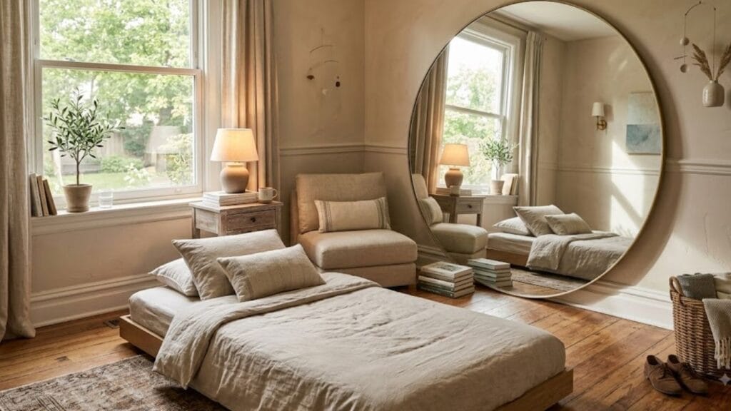 Large mirror small guest bedroom idea to add light