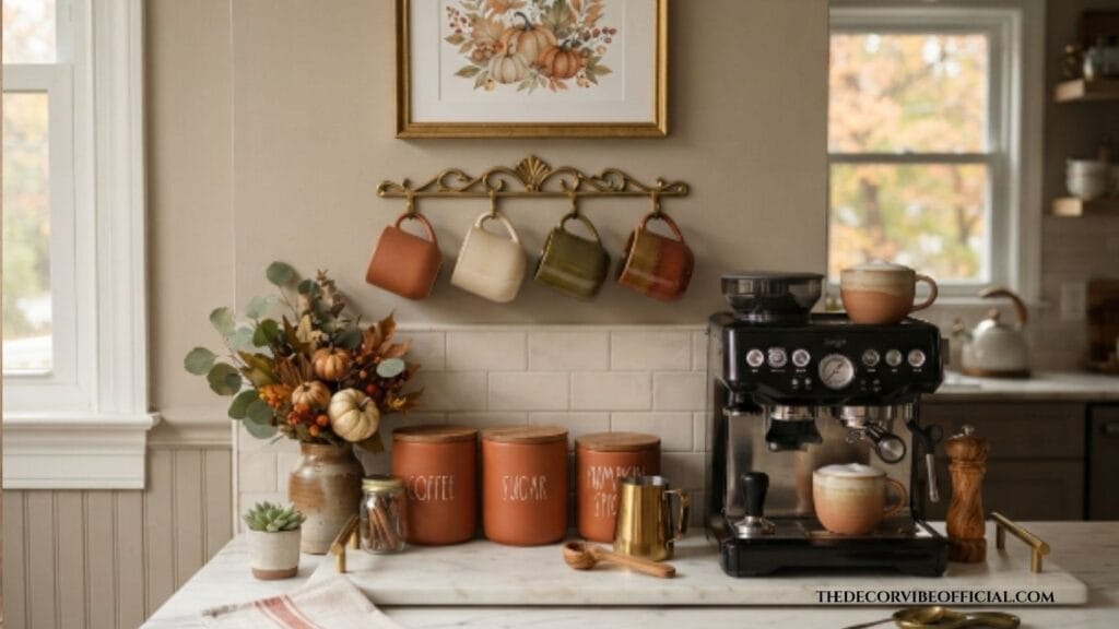 luxury fall coffee bar ideas with marble tray and brass mug rack