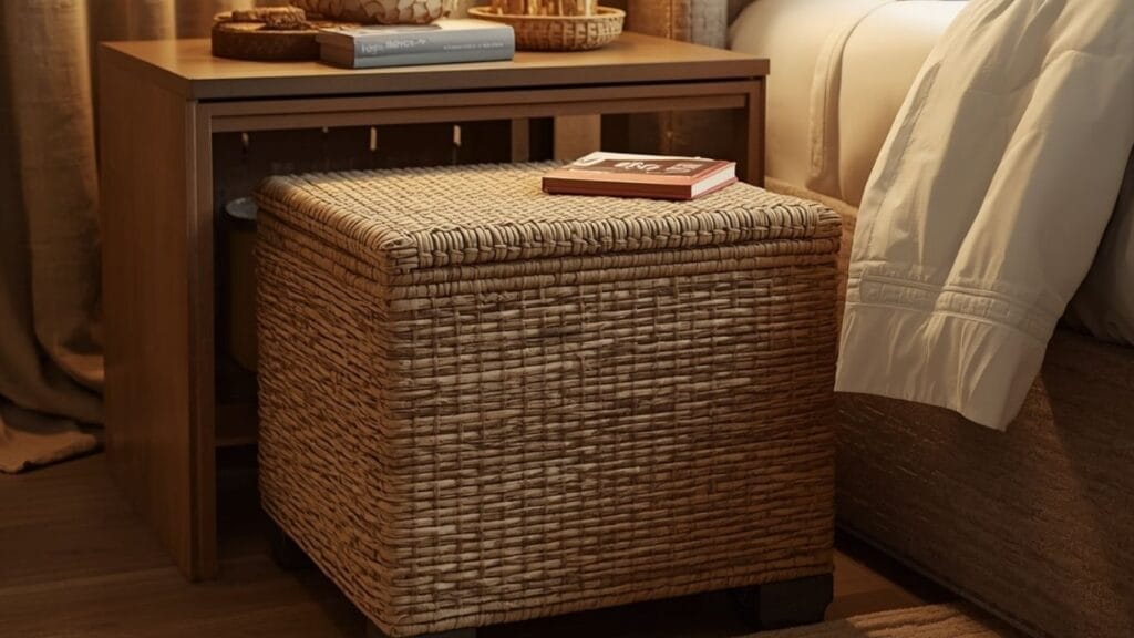 Storage ottoman used as a nightstand in a small guest bedroom