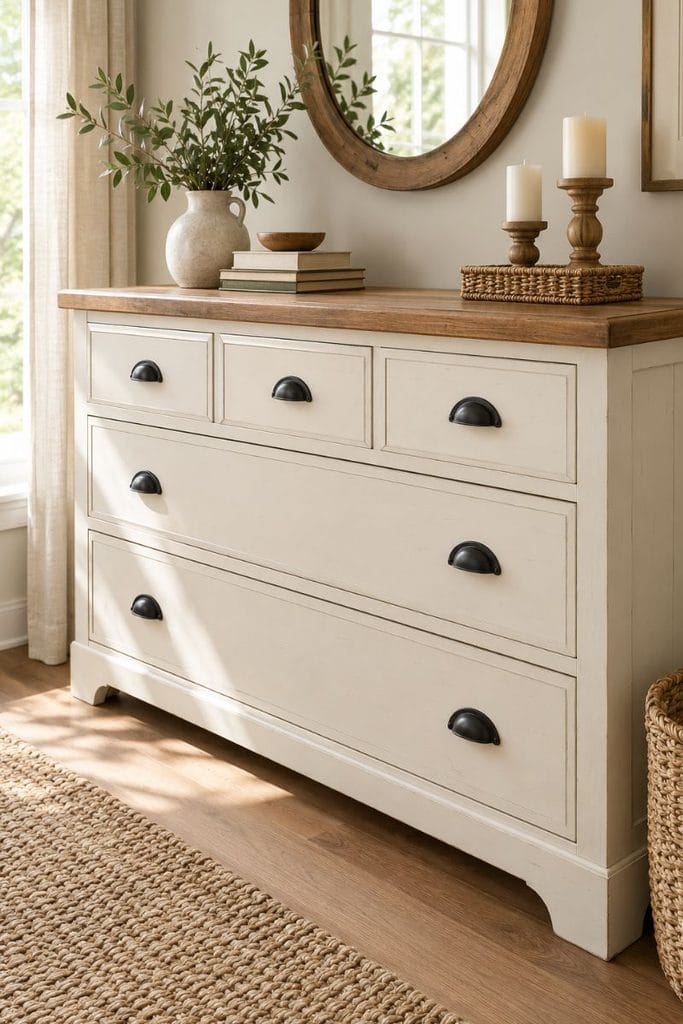 Painted dresser ideas showing a farmhouse cream dresser with black pulls