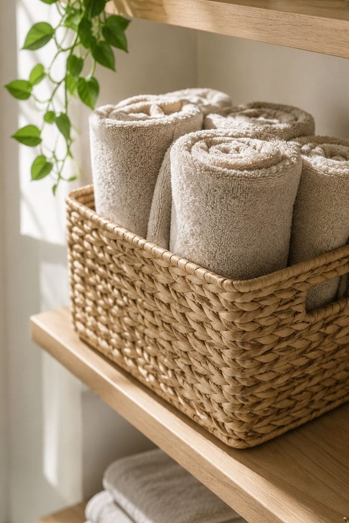 Bathroom shelf decor idea with a seagrass basket of rolled towels