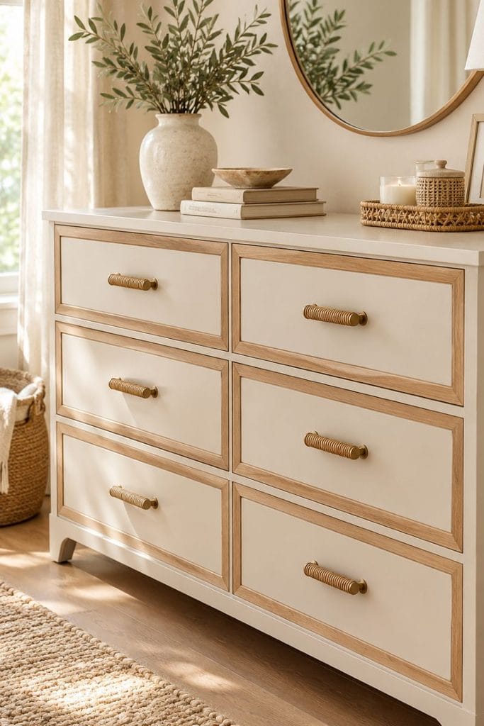 Painted dresser ideas with oatmeal finish and rattan pulls