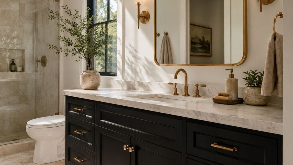Black and gold bathroom decor with gold-framed mirror and matte black vanity