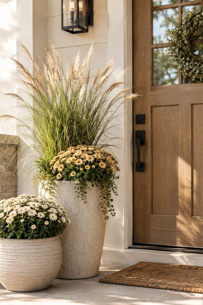 Front door styled with fall decor ideas including layered planters