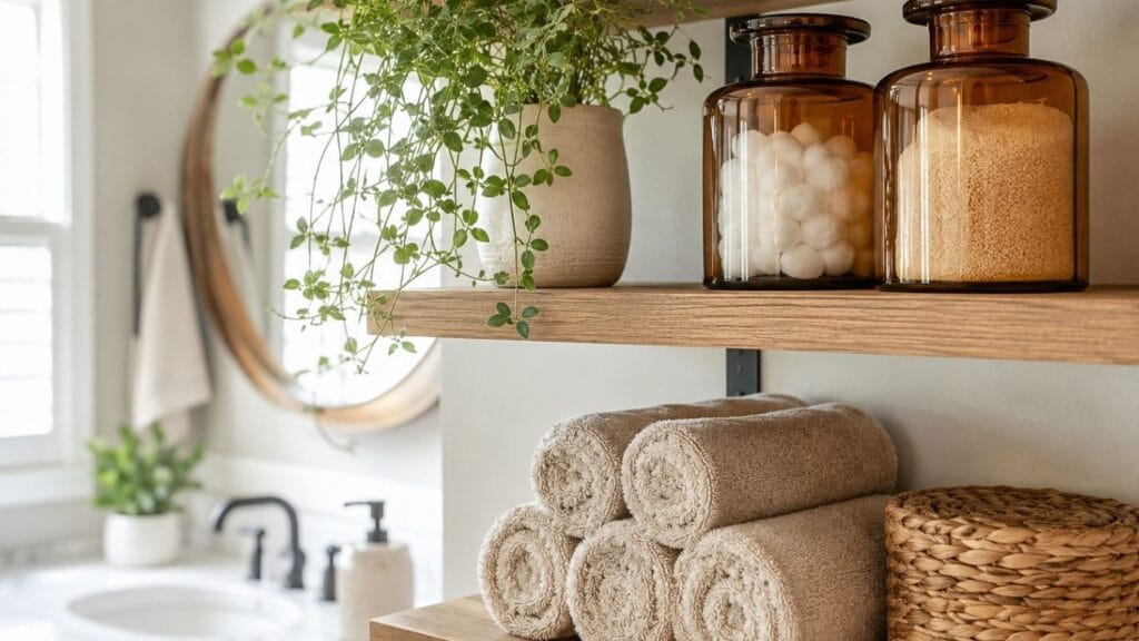 Bathroom shelf decor ideas with amber jars, rolled towels, and a trailing plant