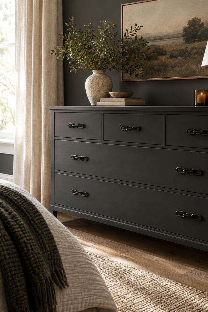 Painted dresser ideas in charcoal with chain link pulls