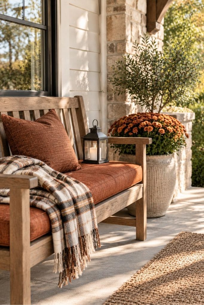 Porch bench styled with cozy fall decor ideas and a plaid throw