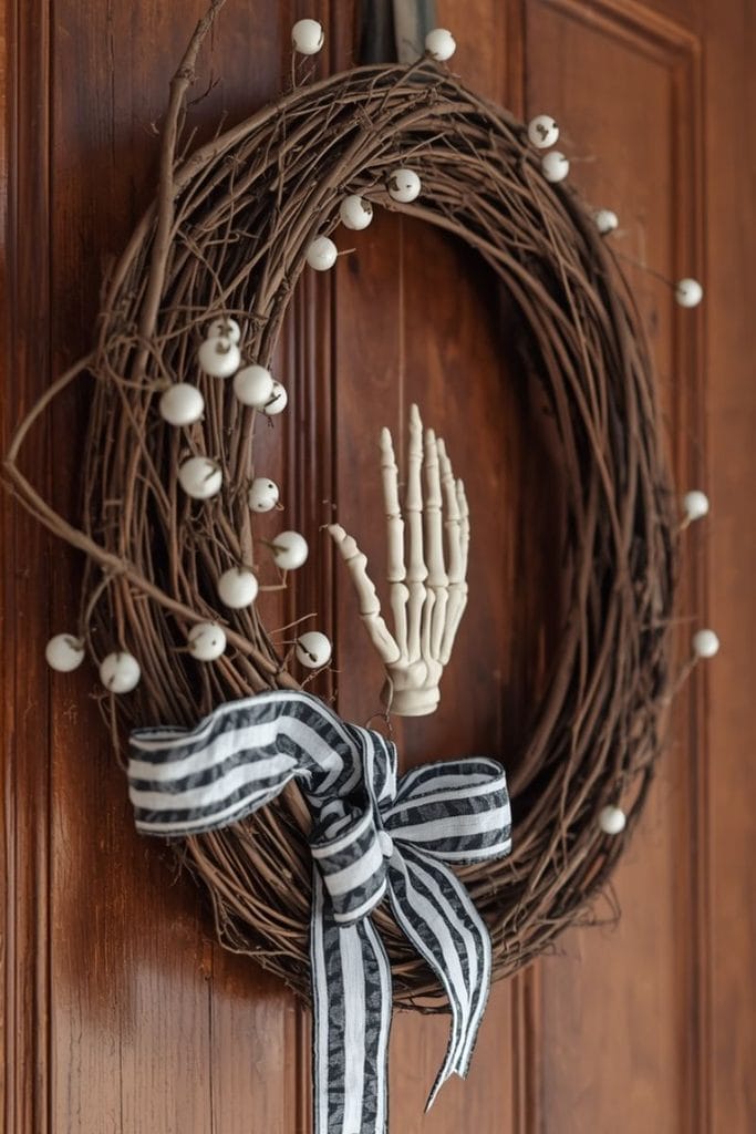 Black and white ribbon wreath, a DIY Halloween decorations front door idea