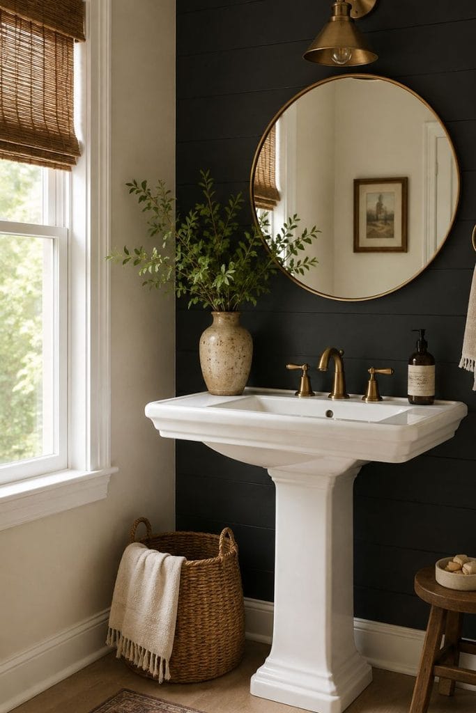 Black and gold bathroom decor with matte black accent wall and brass mirror