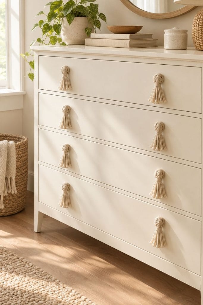 Painted dresser ideas with warm white finish and macrame pulls
