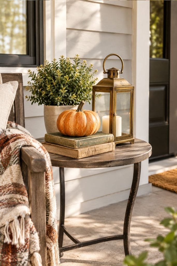  Porch side table styled with fall decor ideas and a brass lantern
