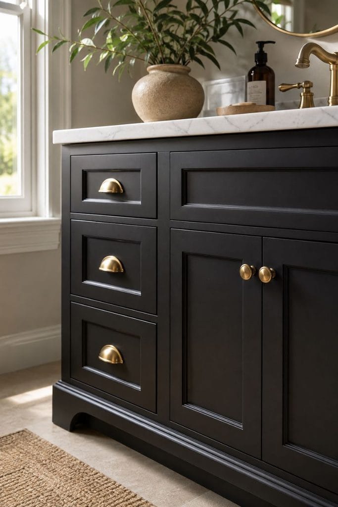 Black and gold bathroom decor with brass cabinet pulls on dark vanity