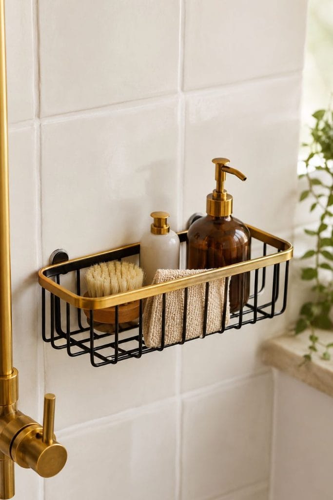 Black and gold bathroom decor caddy for small dorm bathroom