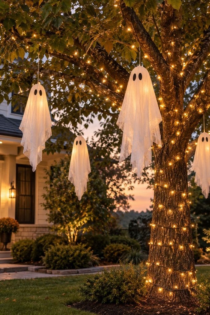 Tree wrap ghost lights, a halloween decorations outdoor project
