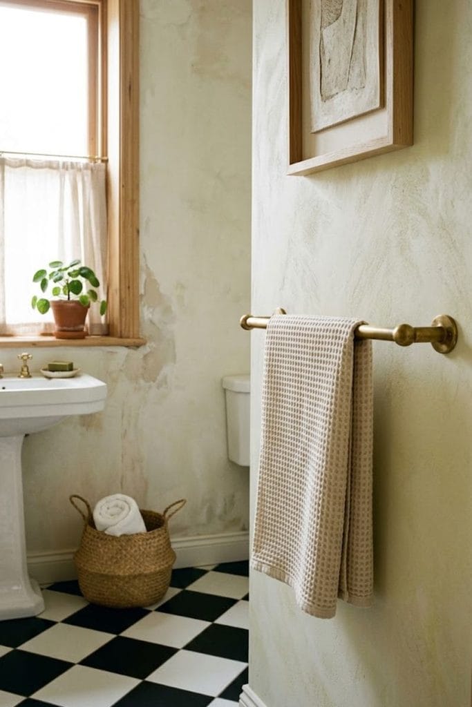 Black and gold bathroom decor with checkerboard floor and brass fixtures