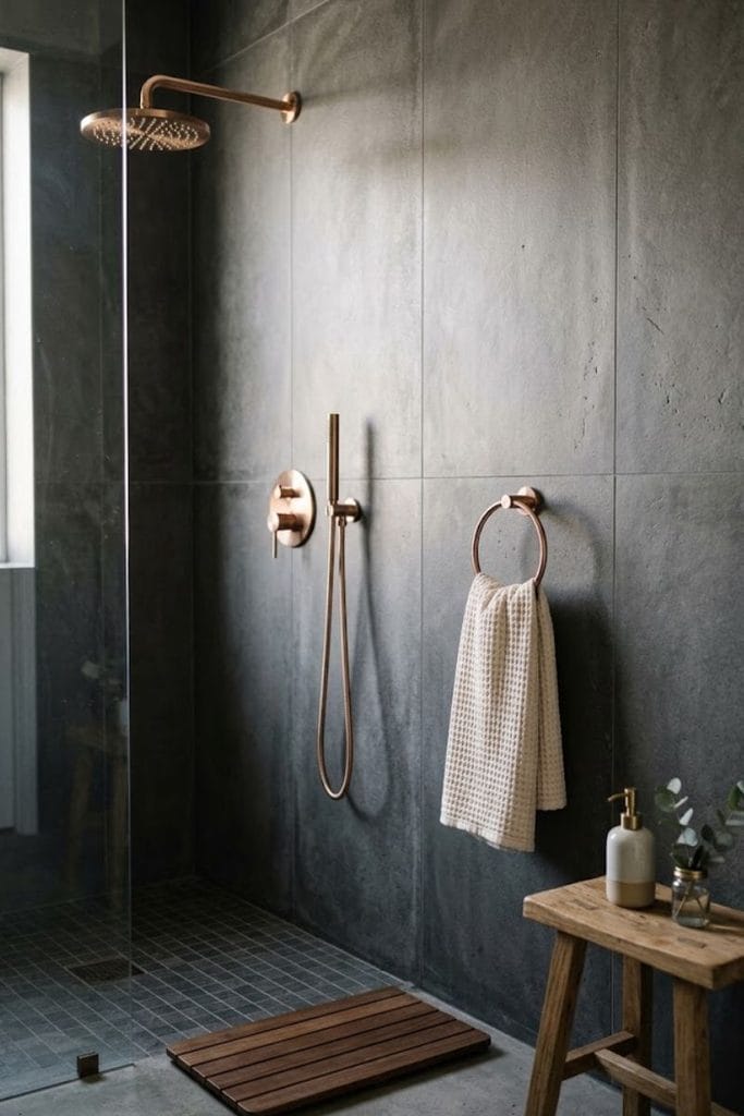 Black and gold bathroom decor with rose gold fixtures on charcoal wall
