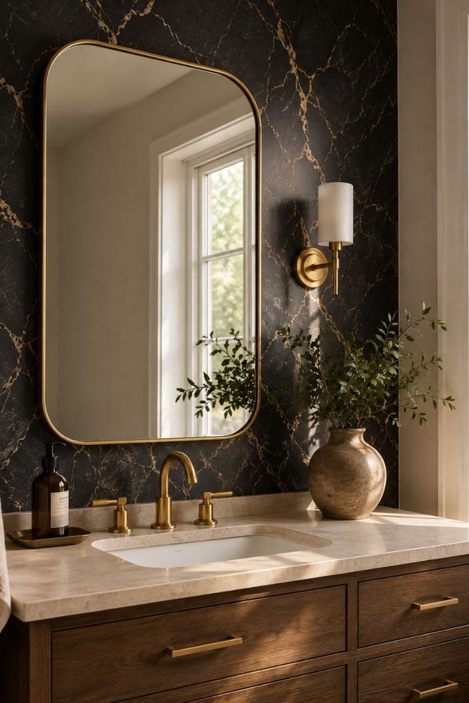 Black and gold bathroom decor accent wall with metallic gold wallpaper